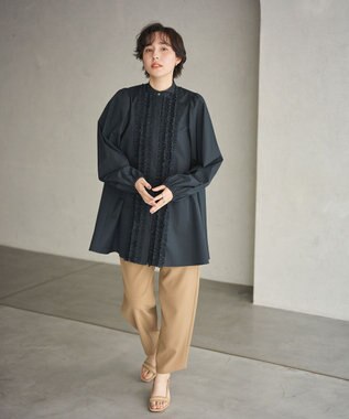 #Newans 【シワになりにくい/洗濯機可能】ロングフリルチュニック ネイビー