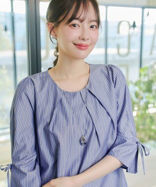 Tiaclasse L ストライプリボンレイヤードブラウス ネイビーストライプ