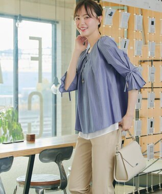 Tiaclasse L ストライプリボンレイヤードブラウス ネイビーストライプ