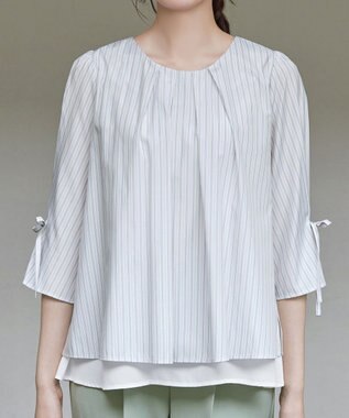 Tiaclasse L ストライプリボンレイヤードブラウス オフストライプ