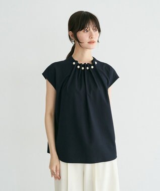 YECCA VECCA パールタックフレンチスリーブブラウス Dark Navy