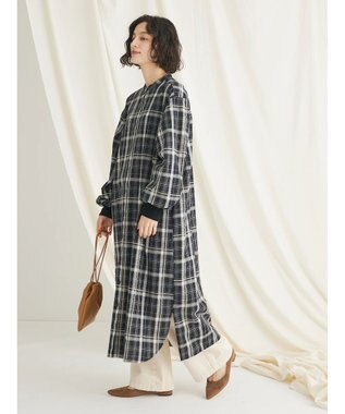 CRAFT STANDARD BOUTIQUE 先染めチェック（小）バンドカラー袖ＲＩＢ　ＯＰ Black