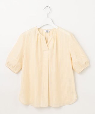 J.PRESS LADIES 【洗える】BEZ空羽ストライプ クルーネック V開き ブラウス イエロー系1