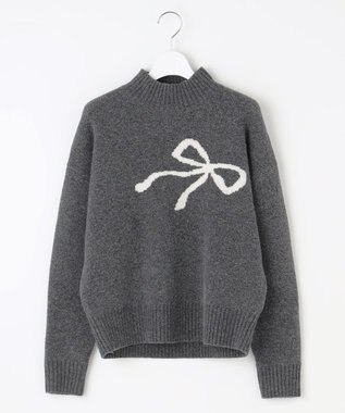 Feroux 【洗える】リボン柄ハイネック プルオーバーニット グレー