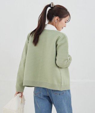 Tiaclasse L 【洗える】ボーダー編みニットカーディガン ライトグリーン