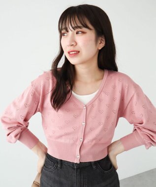 Green Parks ・ｓｗｉｎｇ　ｂｙ　ハート柄スカシニットカーディガン Pink