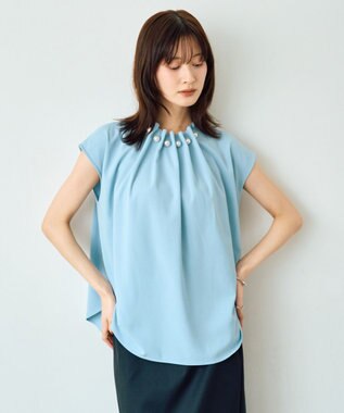 YECCA VECCA パールタックフレンチスリーブブラウス Light Blue