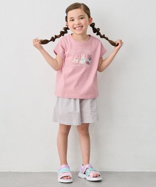 ANY KIDS 【綿100%】ひんやり フレンチスリーブ サガラ刺繡Tシャツ ピンク×ウサギ