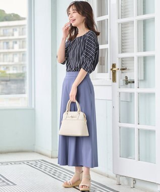 ANY SIS 【接触冷感・吸水速乾・UVケア】エアリードレープスムース タックスリーブ ブラウス ネイビーストライプ