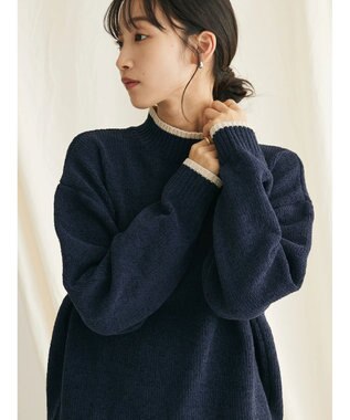 CRAFT STANDARD BOUTIQUE 洗えるモールニット配色プルオーバー Navy