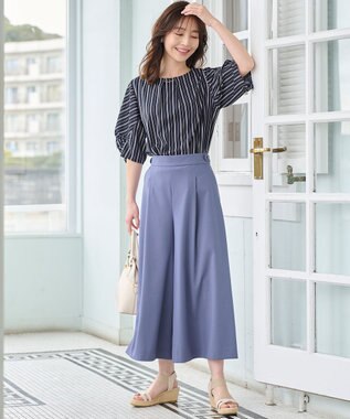 ANY SIS 【接触冷感・吸水速乾・UVケア】エアリードレープスムース タックスリーブ ブラウス ネイビーストライプ