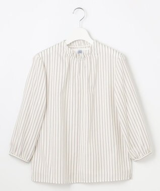 J.PRESS LADIES L プロビスストライプチェック フリルネック カットソー オフストライプ系