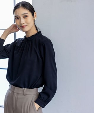 ANY SIS 【洗える】フリルネックスタンド ブラウス ネイビー