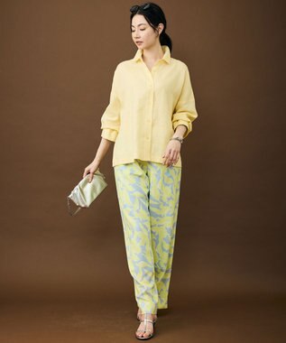 自由区 シアーカラミプリントワイド パンツ ペールブルー×グリーン