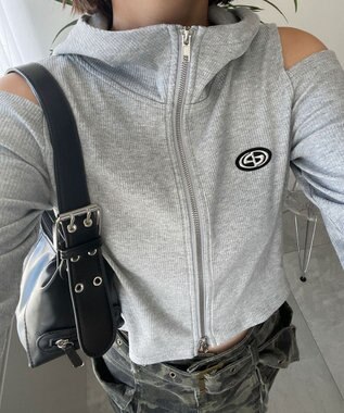  オープンショルダーダブルジップパーカー