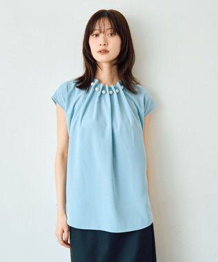 YECCA VECCA パールタックフレンチスリーブブラウス Light Blue
