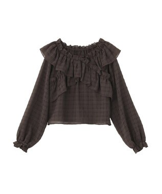earth music&ecology シアーチェック2wayオフショルブラウス Brown