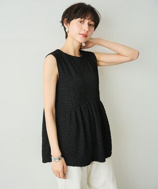 #Newans 【金子綾さんインスタライブご紹介アイテム】（セットアップ可能）ふくれジャガード ペプラムブラウス ブラック