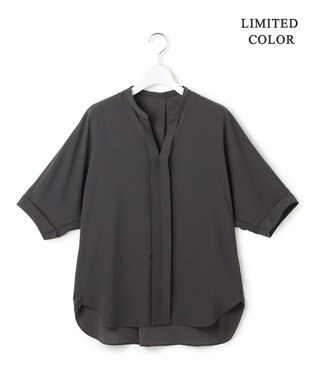 ICB 【新色追加・WEB限定カラーあり】BackSatinAmunzen 5分袖キーネックブラウス チャコール［WEB限定］
