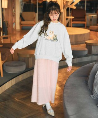 Feroux 【猫カフェMOCHAコラボ】猫ちゃんプリント トレーナー ライトグレー系