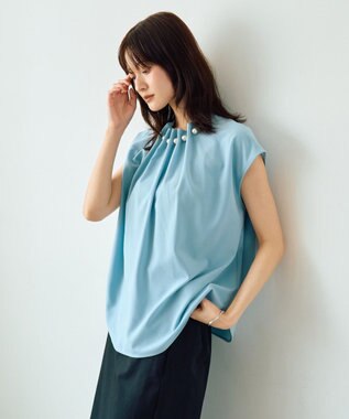 YECCA VECCA パールタックフレンチスリーブブラウス Light Blue