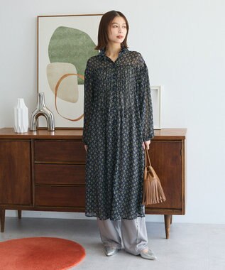 Green Parks 花柄シフォン楊柳ワンピース Black