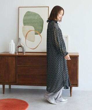 Green Parks 花柄シフォン楊柳ワンピース Black