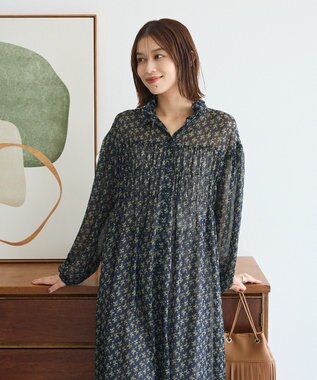 Green Parks 花柄シフォン楊柳ワンピース Black