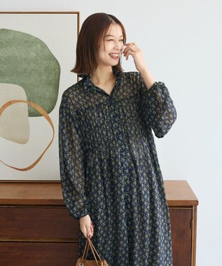 Green Parks 花柄シフォン楊柳ワンピース Black