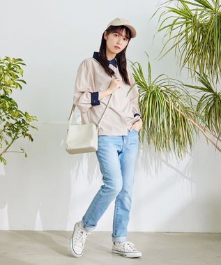 Tiaclasse L 【洗える】配色パフスリーブシャツブラウス グレージュ