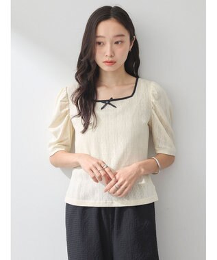 earth music&ecology フロントリボンパフスリーブプルオーバー Ivory