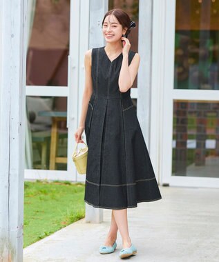 Tiaclasse 【洗える】デニムタックフレアワンピース ブラック