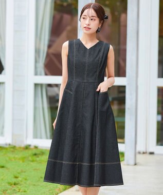 Tiaclasse 【洗える】デニムタックフレアワンピース ブラック