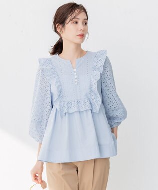 組曲 【WEB限定色あり】レースコンビシャーティング ブラウス 【WEB限定】サックスブルー