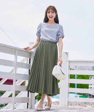 Tiaclasse 【ウエストゴム・洗える】カットソーアコーディオンプリーツスカート カーキ