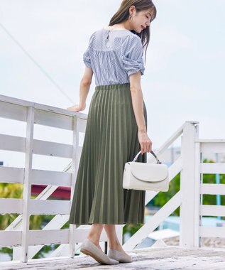 Tiaclasse 【ウエストゴム・洗える】カットソーアコーディオンプリーツスカート カーキ