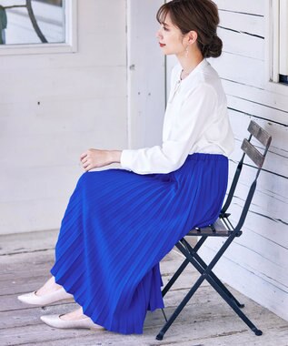 Tiaclasse 【ウエストゴム・洗える】カットソーアコーディオンプリーツスカート ブルー