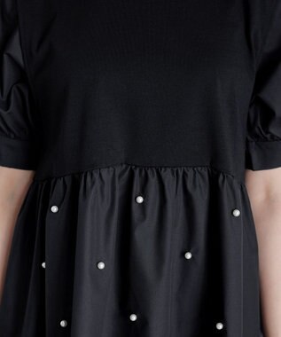 Tiaclasse L 【洗える】パール付きカットソードッキングブラウス ブラック