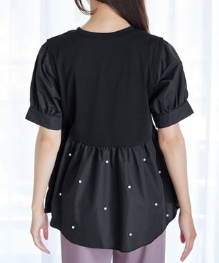 Tiaclasse L 【洗える】パール付きカットソードッキングブラウス ブラック