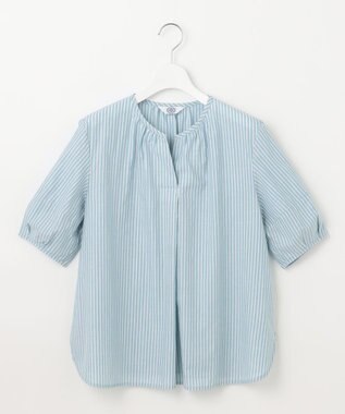 J.PRESS LADIES 【洗える】BEZ空羽ストライプ クルーネック V開き ブラウス シーブルー系1