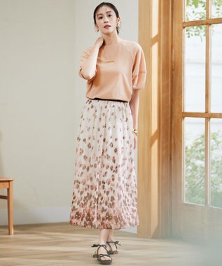 自由区 L 【洗える】グラデーションペタルプリント スカート カーキ×ピンク