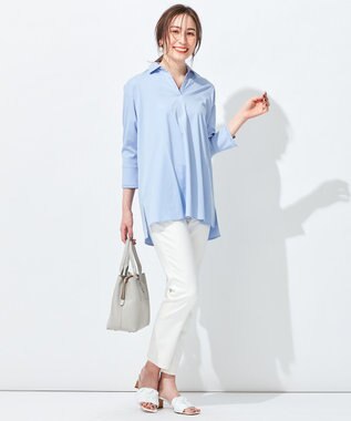 自由区 【洗える】エンブロイダリー スキッパーチュニック ダルブルー系