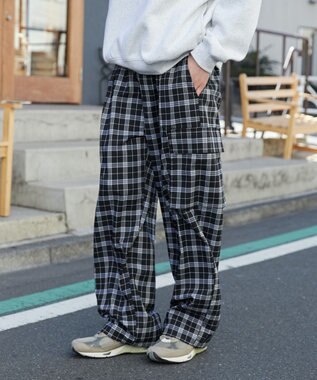 WEGO 【ウエストゴム/MLサイズ展開】イージーワイドカーゴスラックス ブラックチェック1