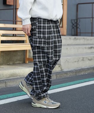 WEGO 【ウエストゴム/MLサイズ展開】イージーワイドカーゴスラックス ブラックチェック1