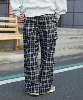 WEGO 【ウエストゴム/MLサイズ展開】イージーワイドカーゴスラックス ブラックチェック1