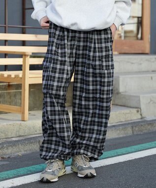 WEGO 【ウエストゴム/MLサイズ展開】イージーワイドカーゴスラックス ブラックチェック1