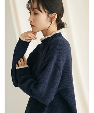 CRAFT STANDARD BOUTIQUE 洗えるモールニット配色プルオーバー Navy