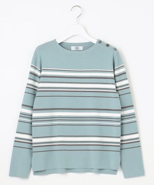 J.PRESS LADIES L 【洗える】RAYON STRETCH BORDER ボートネック ニット スカイブルー系1