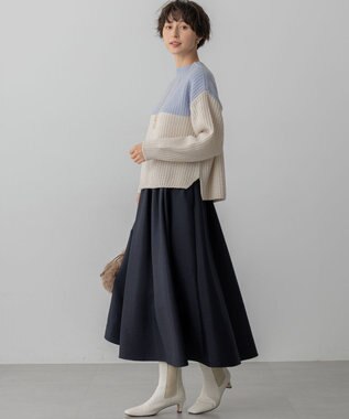 23区 S 【洗える】ウールカシミヤ カラーブロック バルキー ニット サックス×ベージュ