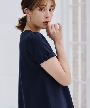 Tiaclasse 【洗える】リボン袖ニットチュニックブラウス ネイビー